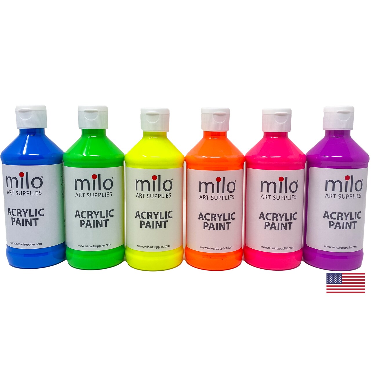 milo Fluorescent Acrylic Paint Set of 6 Colors | 8 oz Bottles | Student Neon Colors Acrylics Painting Pack | Glows UV in Black Light | Non-Toxic Art & Craft Paints for Artists, Kids, & Hobby Painters | Made in USA